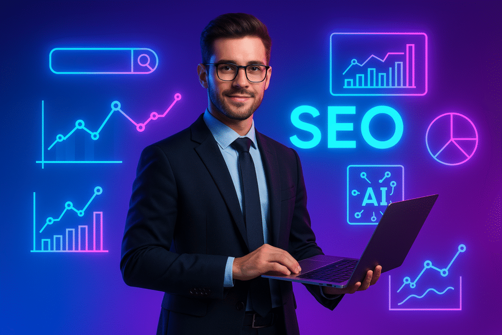 A modern digital marketing professional standing confidently with a laptop, surrounded by futuristic glowing SEO icons like search bars, graphs, analytics charts, and AI symbols. The background should be a sleek gradient blend of royal blue and neon purple with accents of electric pink and cyan to make it eye-catching. The person should look professional, young, and dynamic, representing innovation and expertise in SEO. The overall style should be high-resolution, modern, and vibrant, perfect as a blog banner on ‘Top 10 SEO Trends That Will Shape Search in 2025’."
